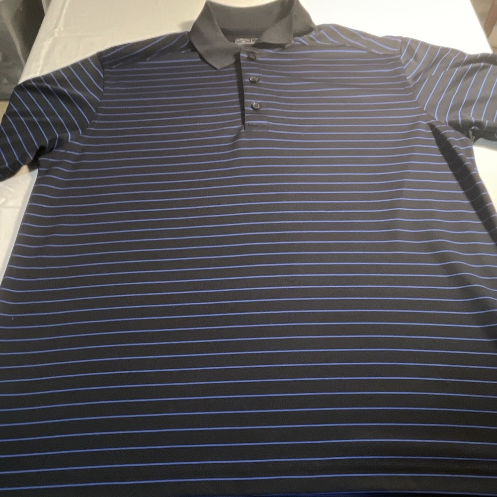 Callaway Men's Polo Shirt M Black Blue Striped Short Sleeve Collared Button Logo